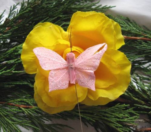 Hot Pink Feather Butterfly with White Glitter 7.0cm wingspan