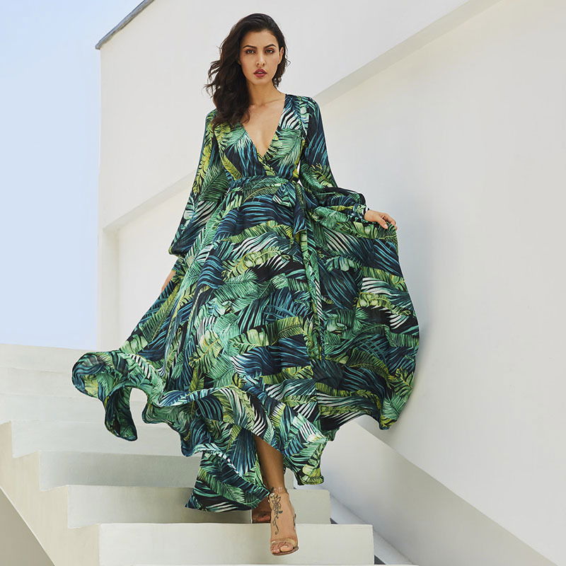 green palm leaf maxi dress