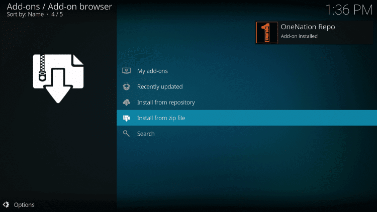 Wait for the “OneNation Repo Add-on installed” message to appear