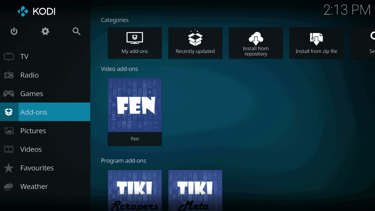 Once the FEN Video add-on has been installed go back to the Home screen of Kodi.