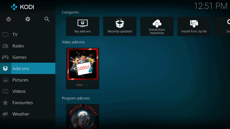 Once the ClickSville Video add-on has been installed go back to the Home screen of Kodi. Click Add-ons